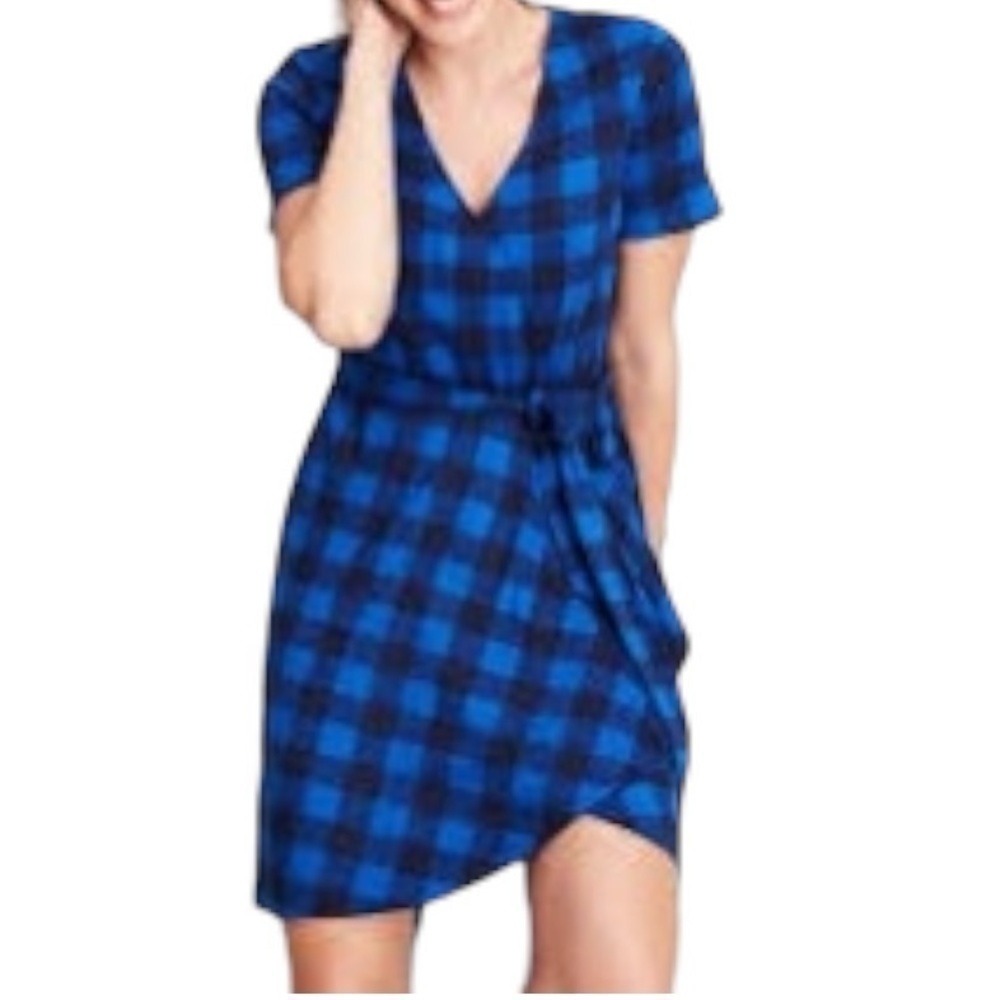 Draper James Buffalo Check Plaid Tie Waist Faux Wrap Dress -Blue & Black -Medium - Picture 5 of 12